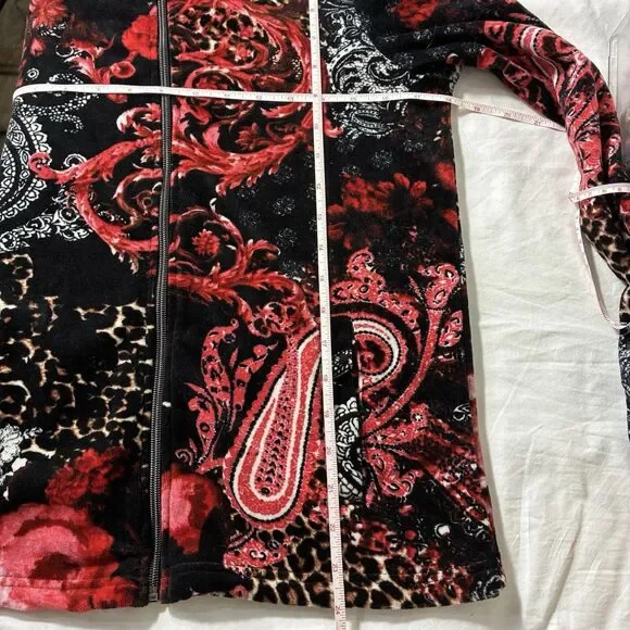 Onque Women's Jacket Size Large Black Red Paisley Floral Full Zip faux velvet - Picture 7 of 7